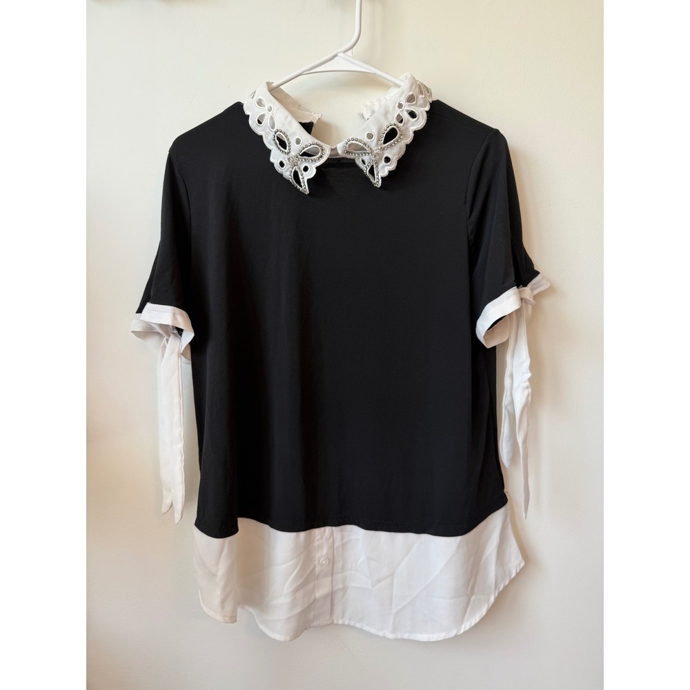 Misia Black White Layered Blouse Eyelet Rhinestone Collar Tie Sleeve Top M